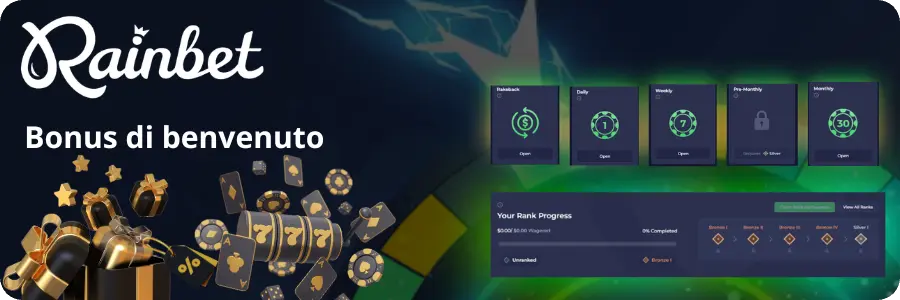 Offerta del bonus di benvenuto su Rainbet, premi per i nuovi iscritti