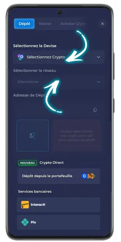 Formulaire de dépôt sur Rainbet pour ajouter des fonds à votre compte