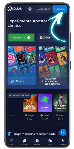 Página principal de Rainbet con el botón de registro