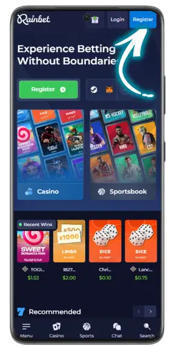 Pagina principale di Rainbet con la pulsante di registrazione