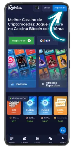 Página principal do Rainbet com o botão de registo