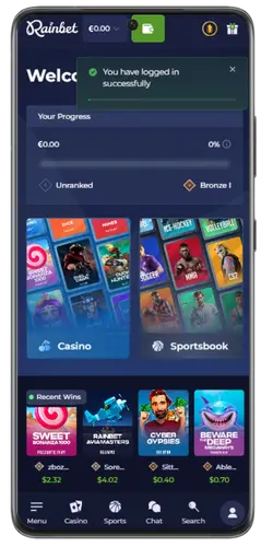 Accesso riuscito su Rainbet, benvenuto nel tuo account