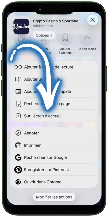 Rainbet App Sélectionnez "Ajouter à l'écran d'accueil"