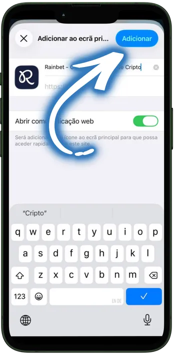 Rainbet Confirme o nome e toque em "Adicionar"