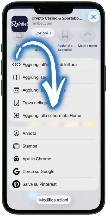 Rainbet Selezionate "Aggiungi alla schermata Home"