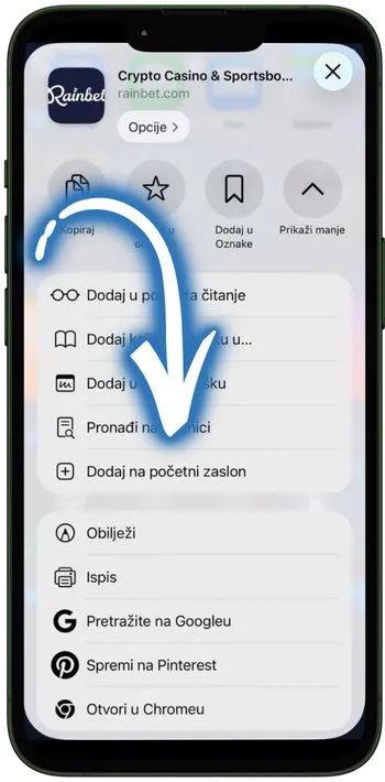 Rainbet App Odaberite "Dodaj na početni zaslon"