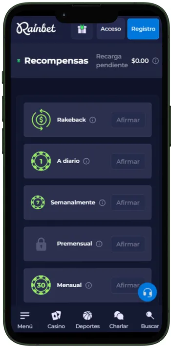 Rainbet navegación móvil