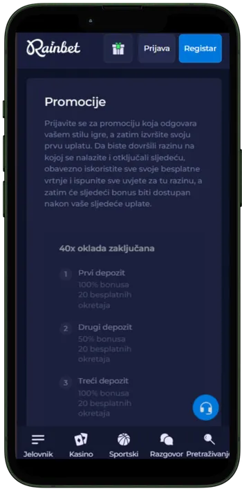 Rainbet blagajna na mobitelu