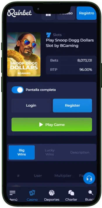 Rainbet juegos móvil
