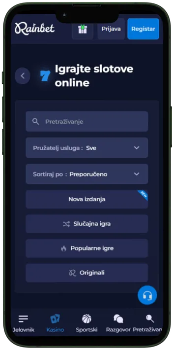 Rainbet navigacija na mobitelu