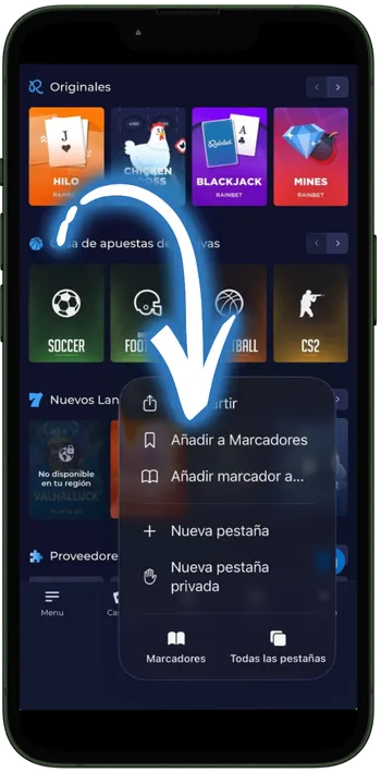 Rainbet Abrid el menú de compartir del navegador