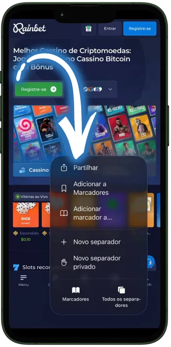 Rainbet Abra o menu de partilha do browser