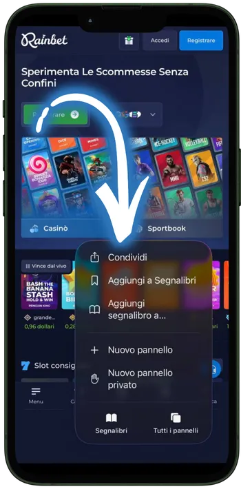 Rainbet App Aprite il menu di condivisione del browser