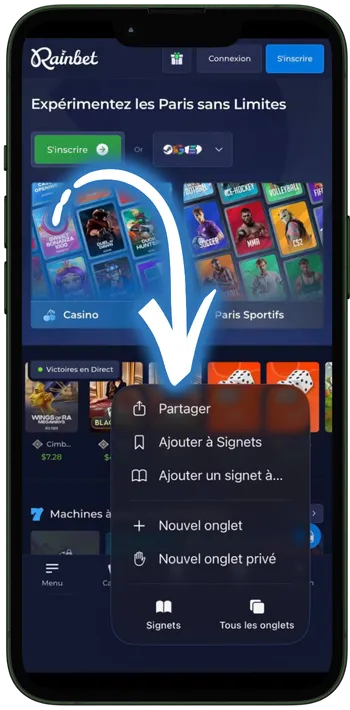 Rainbet App Ouvrez le menu de partage du navigateur